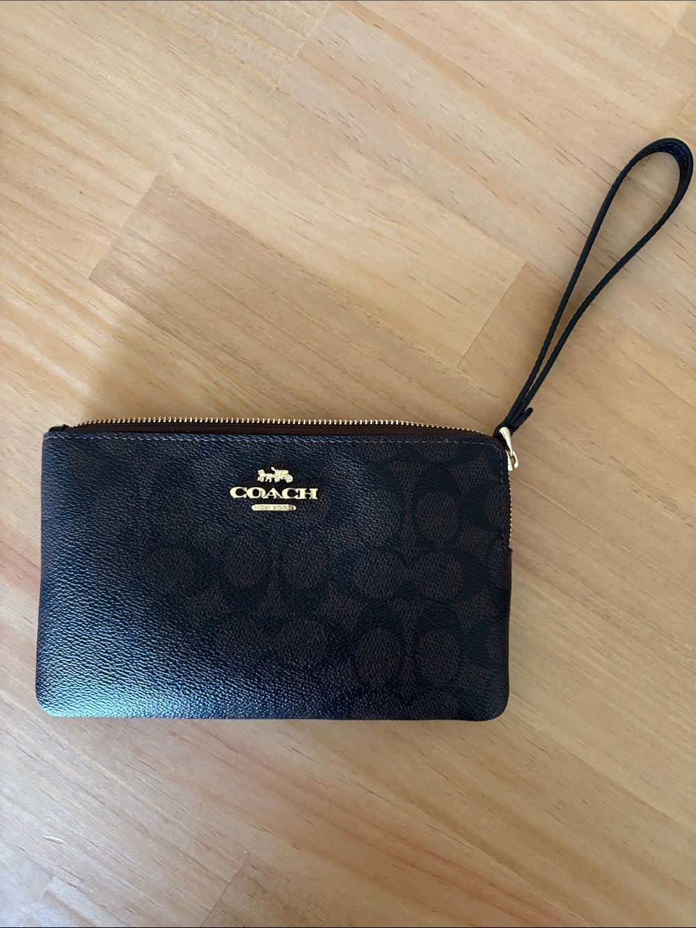 Coach Brown Signature Zip Wristlet with Gold Logo